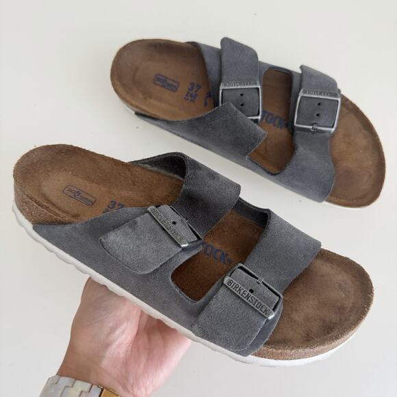 Birkenstock Arizona Soft Footbed Suede Leather Birkenstock Arizona Womens 6 Gray Suede Leather Gunmetal Soft Footbed EU 37